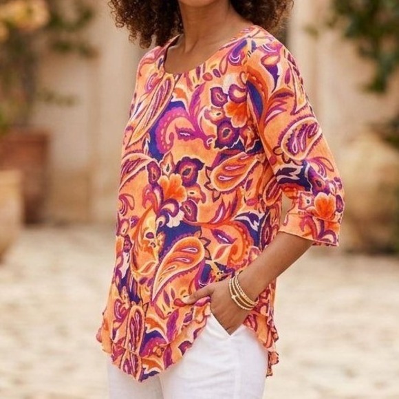 Soft Surroundings Tops - Soft Surroundings PM Orange Purple Paisley Cotton 3/4 Sleeve Lettuce Hem Top
